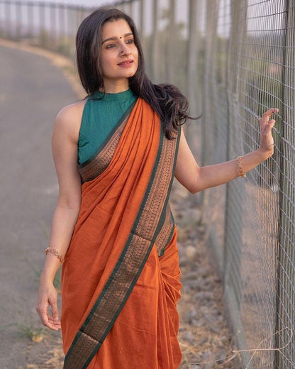 Orange & Dark Green Combination Pure Soft Semi Silk Saree With Attractive Blouse Piece