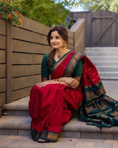 Red With Dark Green Combination Pure Soft Semi Silk Saree With Attractive Blouse Piece