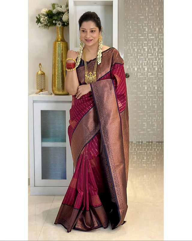 Maroon With Navy Blue Combination Pure Soft Semi Silk Saree With Attractive Blouse Piece