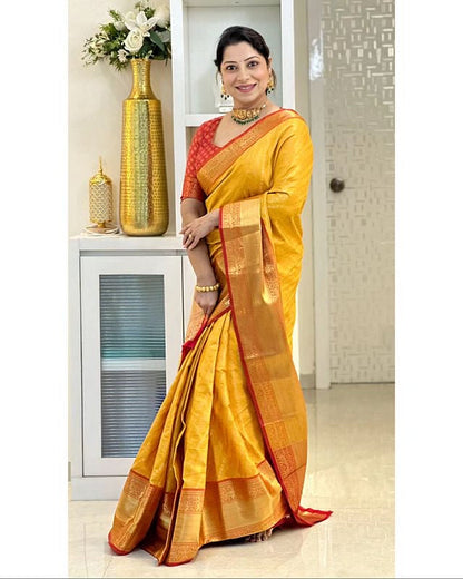 Yellow With Red Combination Pure Soft Semi Silk Saree With Attractive Blouse Piece