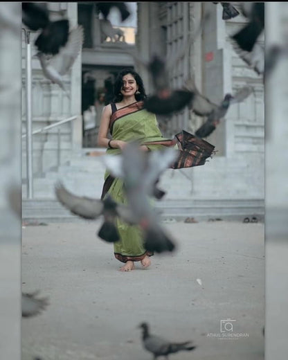 Light Green & Black Combination Pure Soft Semi Silk Saree With Attractive Blouse Piece