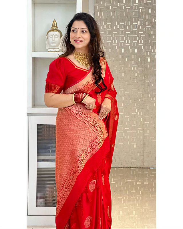 Red Pure Soft Semi Silk Saree With Attractive Blouse Piece