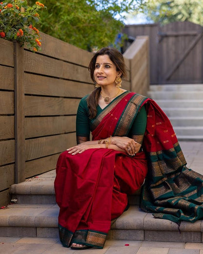 Red With Dark Green Combination Pure Soft Semi Silk Saree With Attractive Blouse Piece