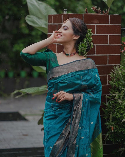Teal Blue Pure Soft Semi-Silk Saree Stylish Blouse Piece