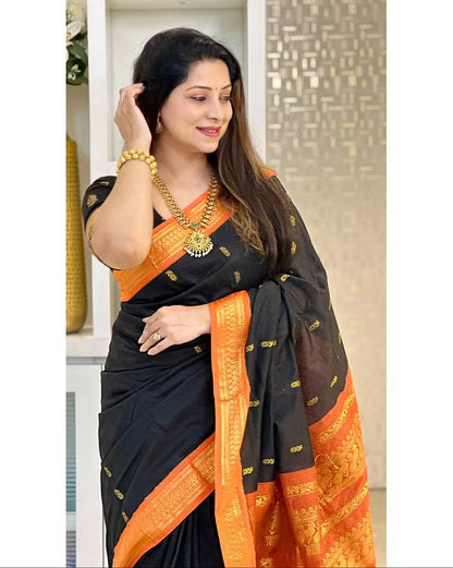 Black & Orange Combination Pure Soft Semi Silk Saree With Attractive Blouse Piece