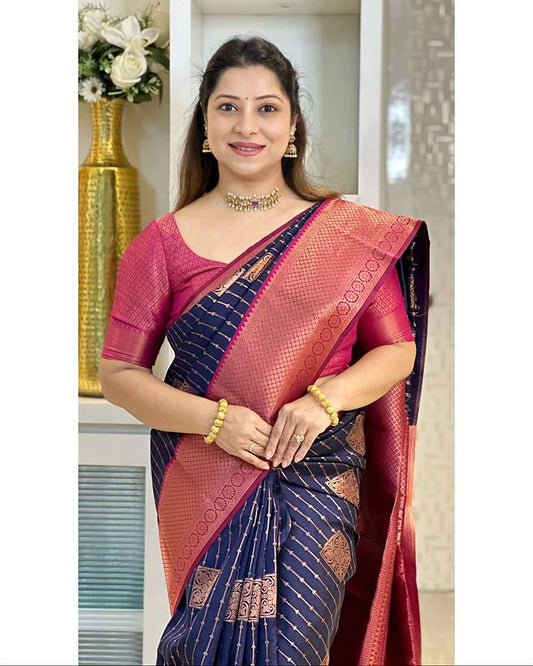 Navy Blue & Magenta Combination Pure Soft Semi Silk Saree With Attractive Blouse Piece