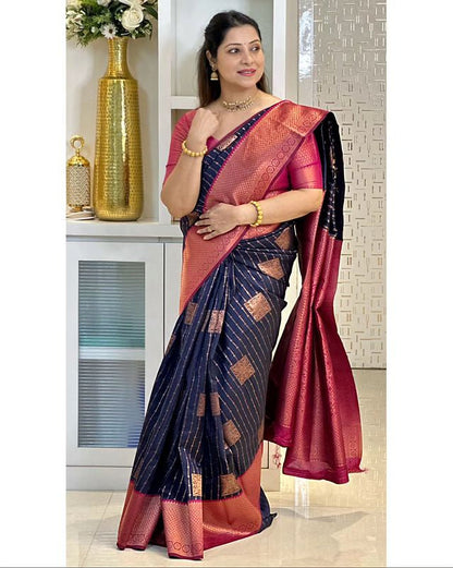 Navy Blue & Magenta Combination Pure Soft Semi Silk Saree With Attractive Blouse Piece