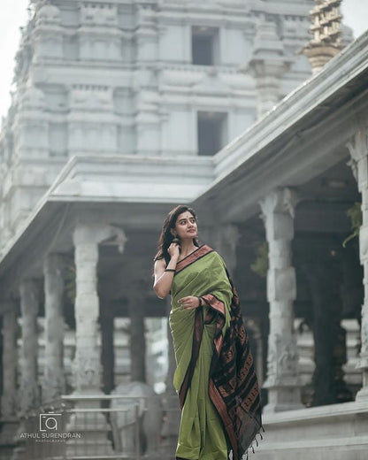 Light Green & Black Combination Pure Soft Semi Silk Saree With Attractive Blouse Piece