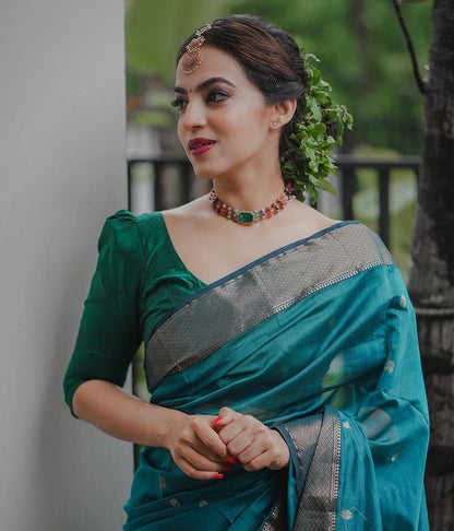 Teal Blue Pure Soft Semi-Silk Saree Stylish Blouse Piece