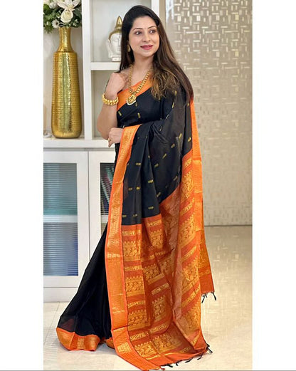 Black & Orange Combination Pure Soft Semi Silk Saree With Attractive Blouse Piece