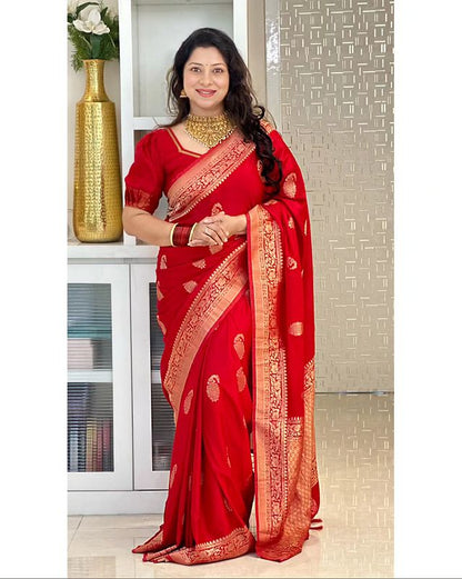 Red Pure Soft Semi Silk Saree With Attractive Blouse Piece