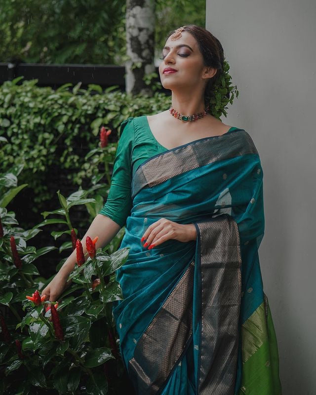 Teal Blue Pure Soft Semi-Silk Saree Stylish Blouse Piece