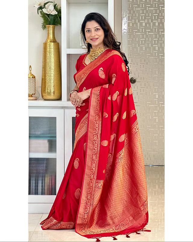 Red Pure Soft Semi Silk Saree With Attractive Blouse Piece