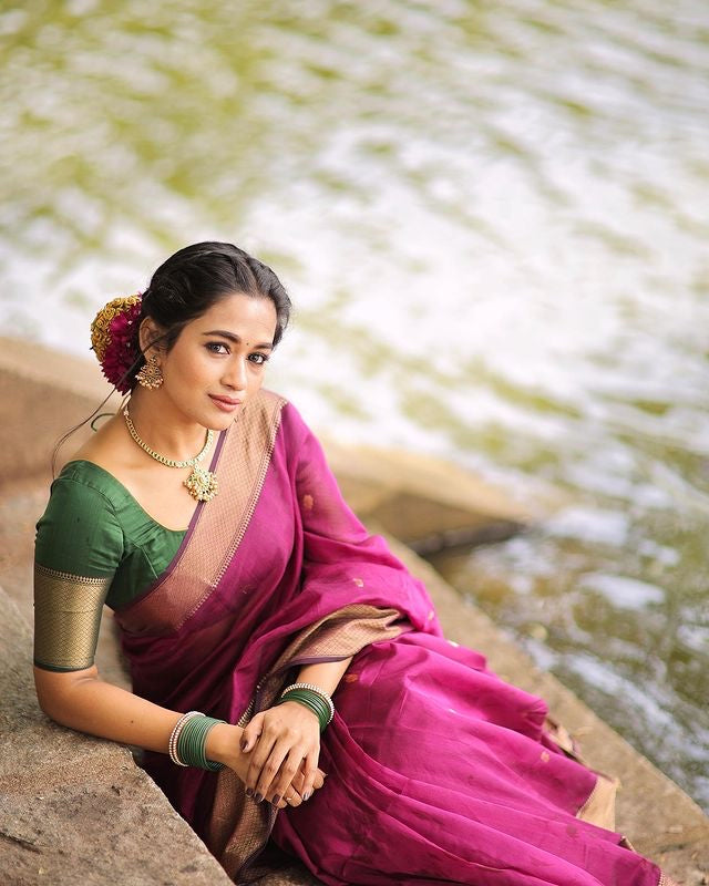 Dark Pink Pure Soft Semi-Silk Saree Stylish Blouse Piece