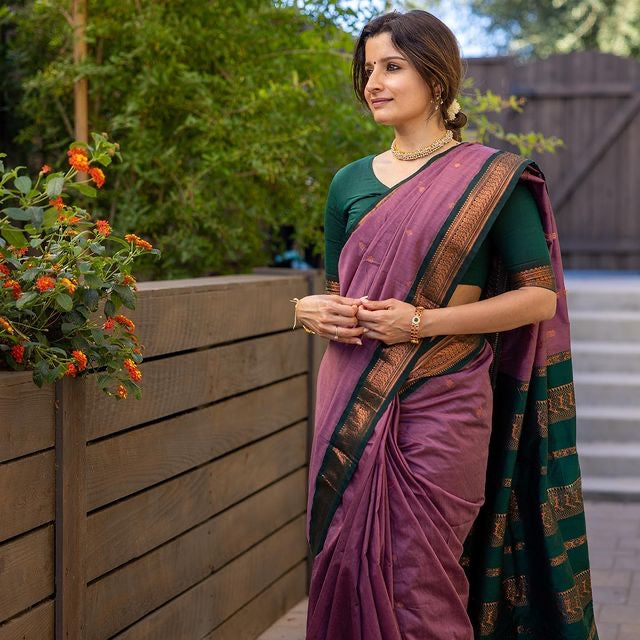 Lilac Purple With Dark Green Combination Pure Soft Semi Silk Saree With Attractive Blouse Piece