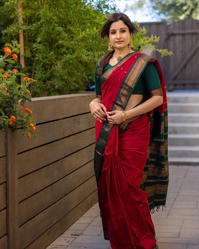 Red With Dark Green Combination Pure Soft Semi Silk Saree With Attractive Blouse Piece