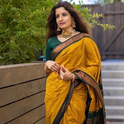 Mustard & Dark Green Combination Pure Soft Semi Silk Saree With Attractive Blouse Piece