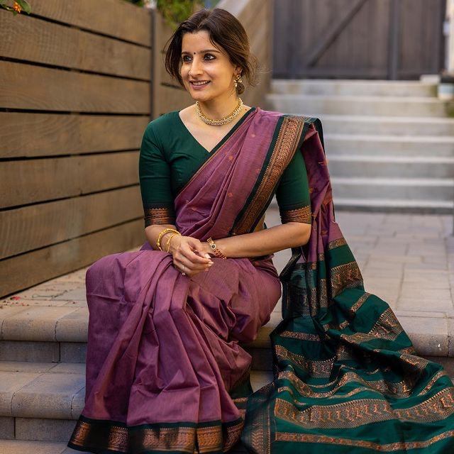 Lilac Purple With Dark Green Combination Pure Soft Semi Silk Saree With Attractive Blouse Piece