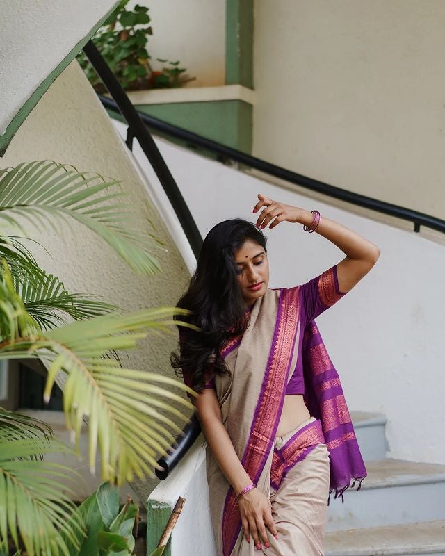 Grey With Purple Combination Pure Soft Semi Silk Saree With Attractive Blouse Piece