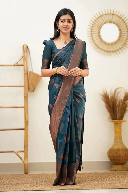Teal Blue Pure Soft Silk Saree With Confounding Blouse Piece