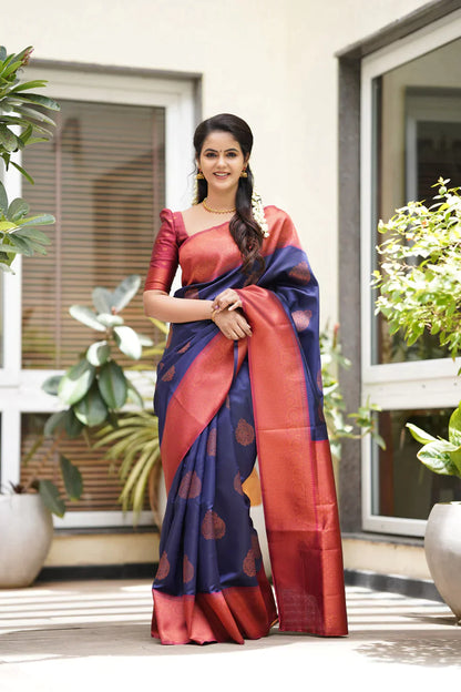 Navy Blue Pure Soft Silk Saree With Attractive Blouse Piece
