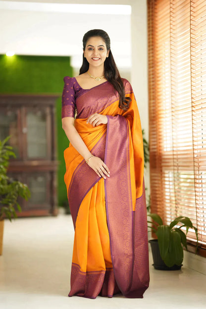 Bright Yellow Pure Soft Silk Saree With Attractive Blouse Piece