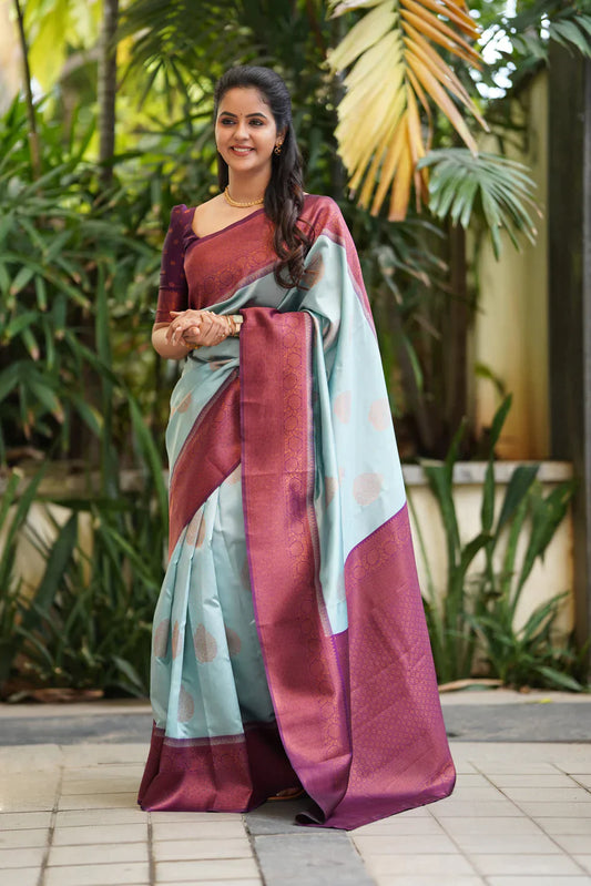 Firozi Pure Soft Silk Saree With Attractive Blouse Piece