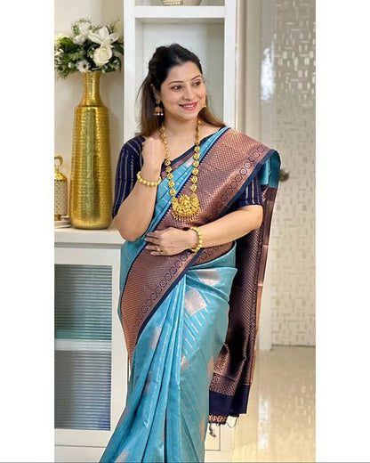 Sky Blue With Navy Blue Combination Pure Soft Semi Silk Saree With Attractive Blouse Piece