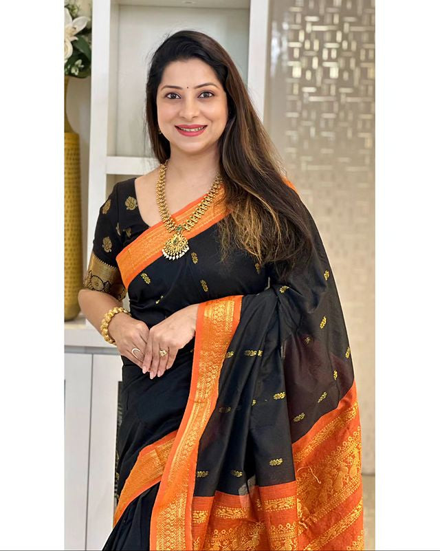 Black & Orange Combination Pure Soft Semi Silk Saree With Attractive Blouse Piece