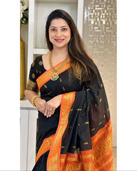 Black & Orange Combination Pure Soft Semi Silk Saree With Attractive Blouse Piece