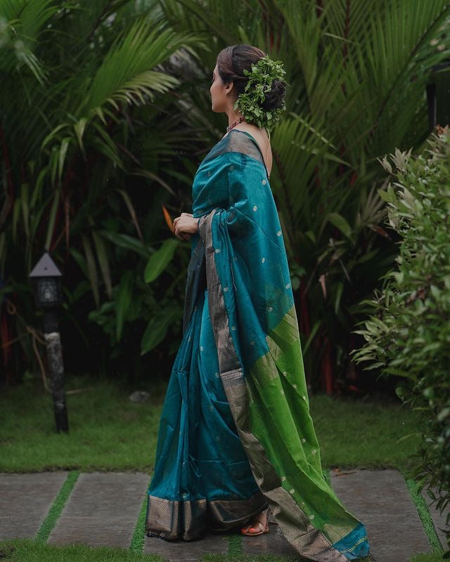 Teal Blue Pure Soft Semi-Silk Saree Stylish Blouse Piece