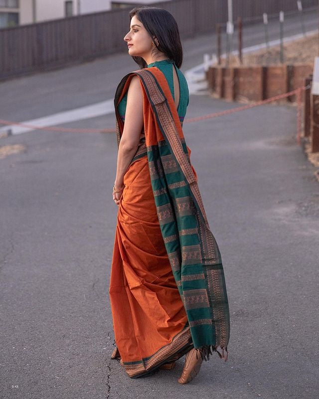 Orange & Dark Green Combination Pure Soft Semi Silk Saree With Attractive Blouse Piece