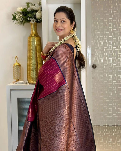 Maroon With Navy Blue Combination Pure Soft Semi Silk Saree With Attractive Blouse Piece