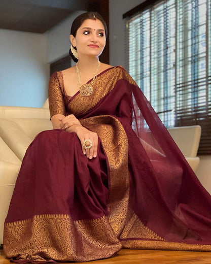 Maroon Semi Silk Saree Weaved With Golden Zari With Attached Heavy Brocade Blouse