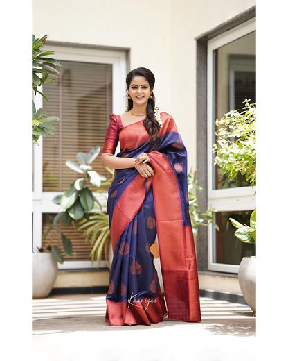 Navy Blue Pure Soft Silk Saree With Attractive Blouse Piece