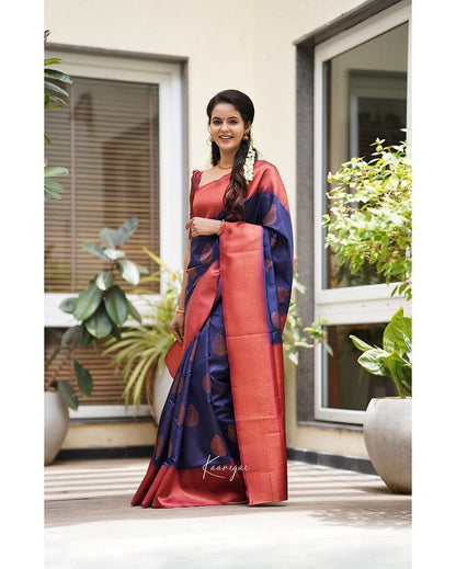 Navy Blue Pure Soft Silk Saree With Attractive Blouse Piece