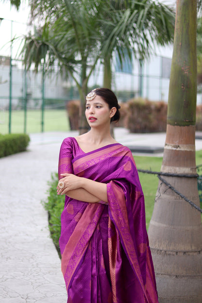 Magenta With Copper Zari Combination Pure Soft Silk Saree Stylish Blouse Piece