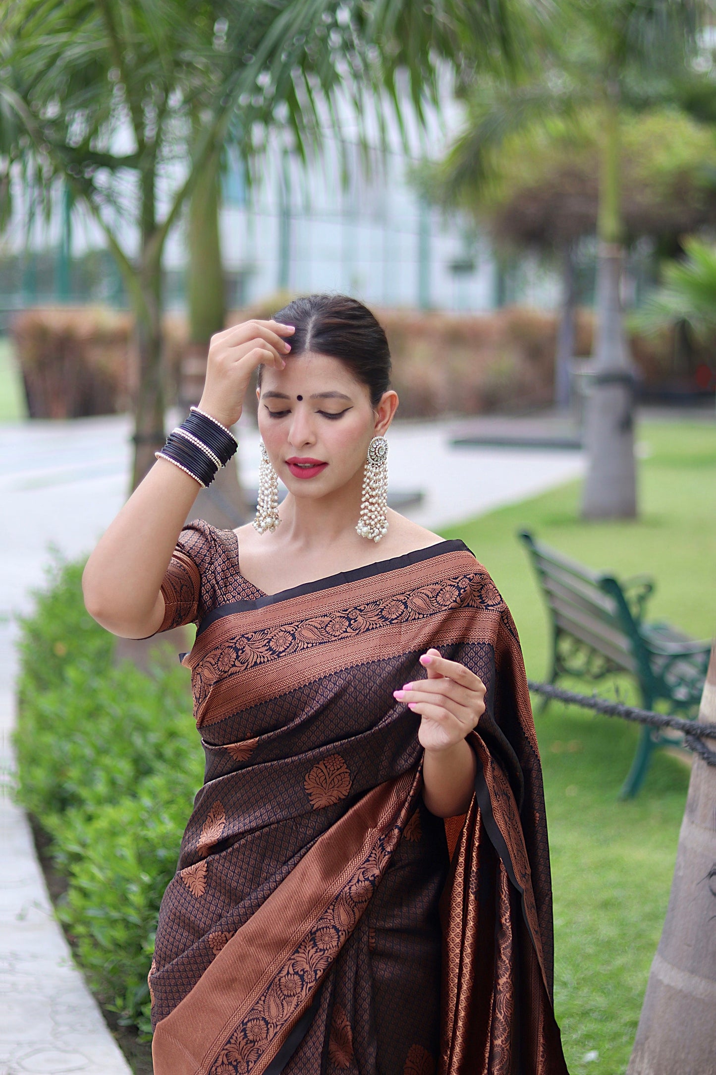 Black With Copper Zari Combination Pure Soft Silk Saree Stylish Blouse Piece