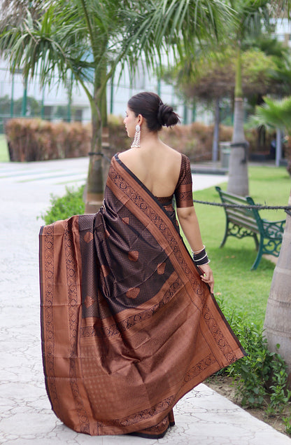 Black With Copper Zari Combination Pure Soft Silk Saree Stylish Blouse Piece