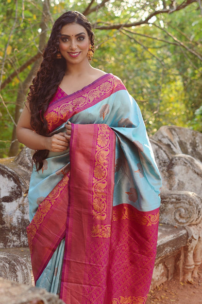 Sky Blue Pure Soft Semi-Silk Saree Stylish Blouse Piece