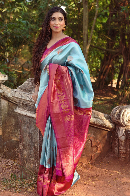 Sky Blue Pure Soft Semi-Silk Saree Stylish Blouse Piece