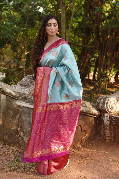 Sky Blue Pure Soft Semi-Silk Saree Stylish Blouse Piece