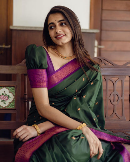 Dark Green Pure Soft Silk Saree With Moiety Blouse Piece