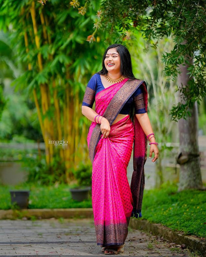 Pink & Blue Pure Soft Silk Saree With Attractive Blouse Piece