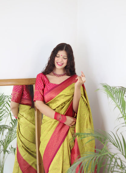 Lime With Pink Border Pure Soft Silk Saree With Twirling Blouse Piece