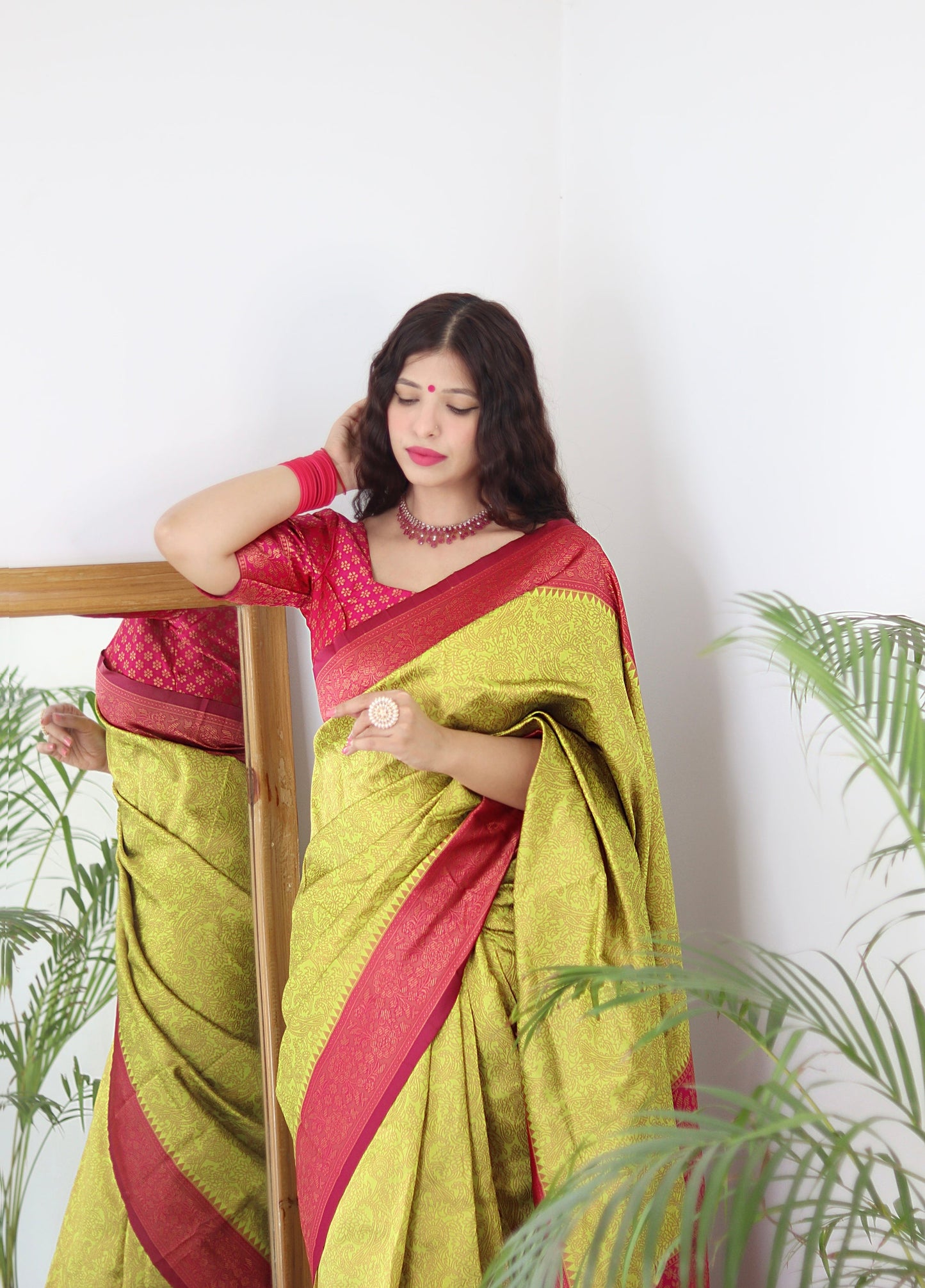 Lime With Pink Border Pure Soft Silk Saree With Twirling Blouse Piece