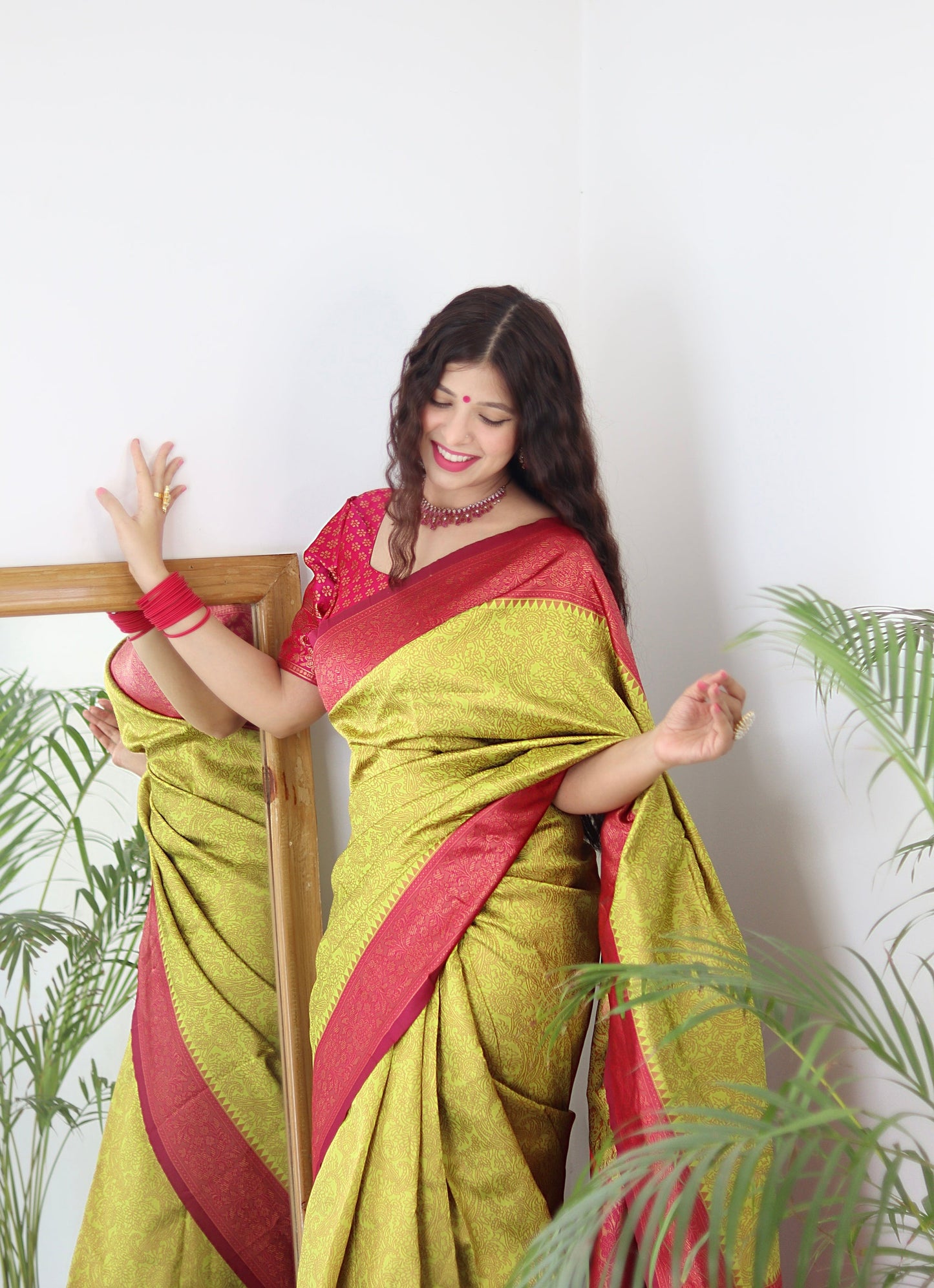 Lime With Pink Border Pure Soft Silk Saree With Twirling Blouse Piece