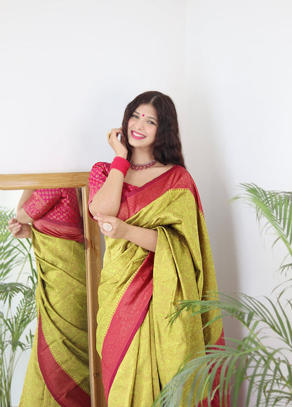 Lime With Pink Border Pure Soft Silk Saree With Twirling Blouse Piece