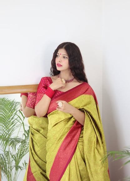 Lime With Pink Border Pure Soft Silk Saree With Twirling Blouse Piece