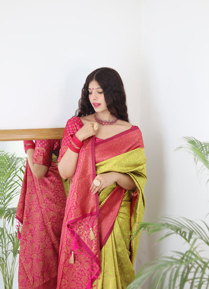 Lime With Pink Border Pure Soft Silk Saree With Twirling Blouse Piece